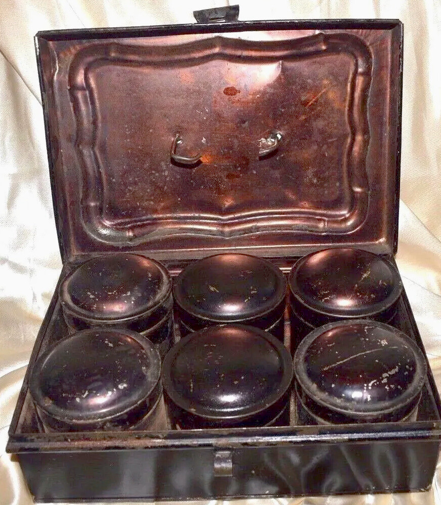 Antique Metal Spice Box with 6 Tin Canisters w Lids Antique Metal Spice Box with 6 Tin Canisters w Lids