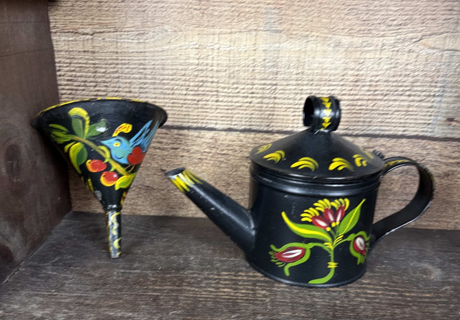 Vintage Small Tin Coffee Pot & Funnel Painted Folk Art Tulip Design