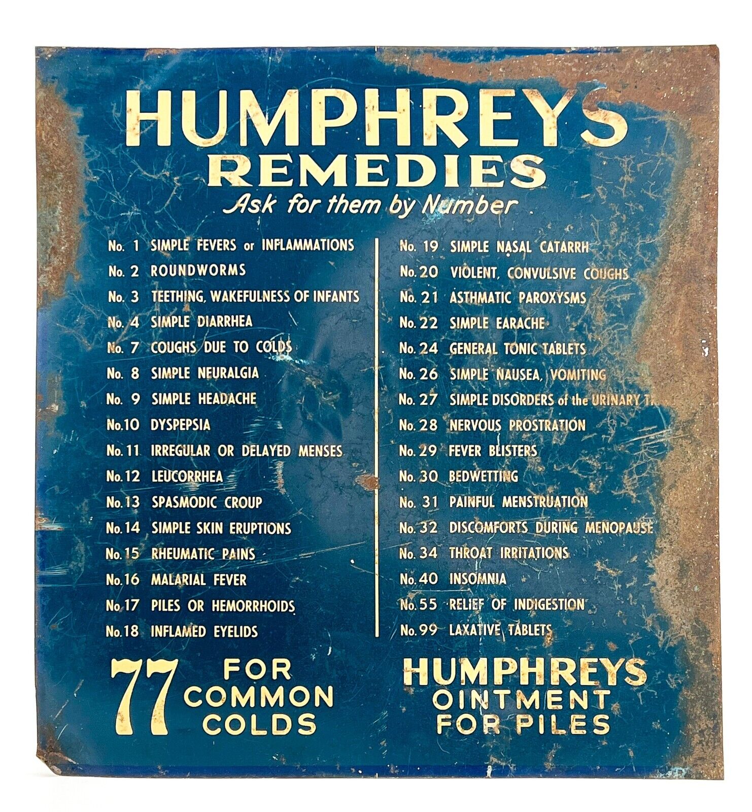 Original Antique Humphrey\'s Remedies Apothecary Sign Tin Advertising Man Cave
