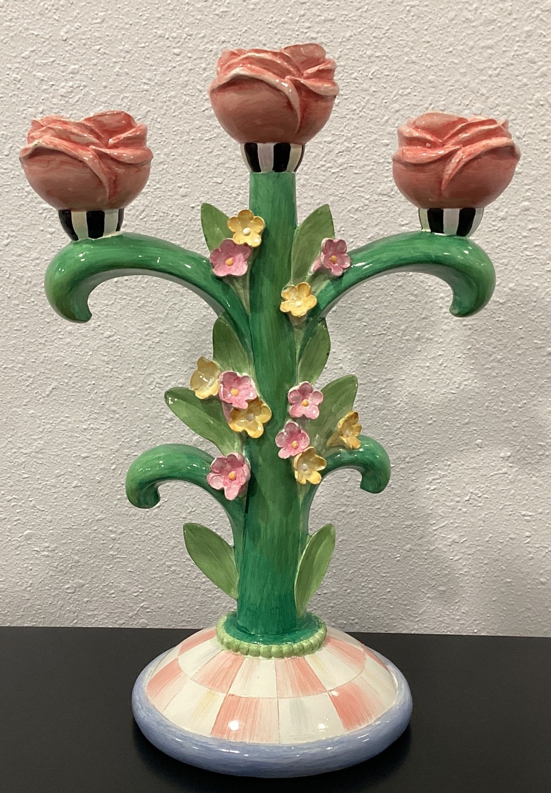 Mackenzie Childs Rosy Meadow 13.25" x 9" x 6" Candelabra Rosy Check Resin New Mackenzie Childs Rosy Meadow 13.25" x 9" x 6" Candelabra Rosy Check Resin New
