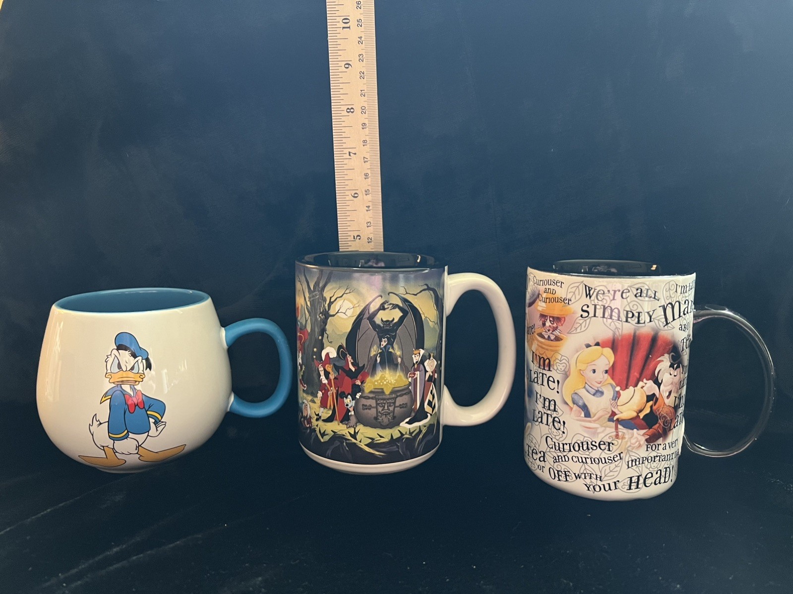 3 Disney Mugs.  1996 Villains. Alice Disney Parks I’m Late.  Donald Blue & White