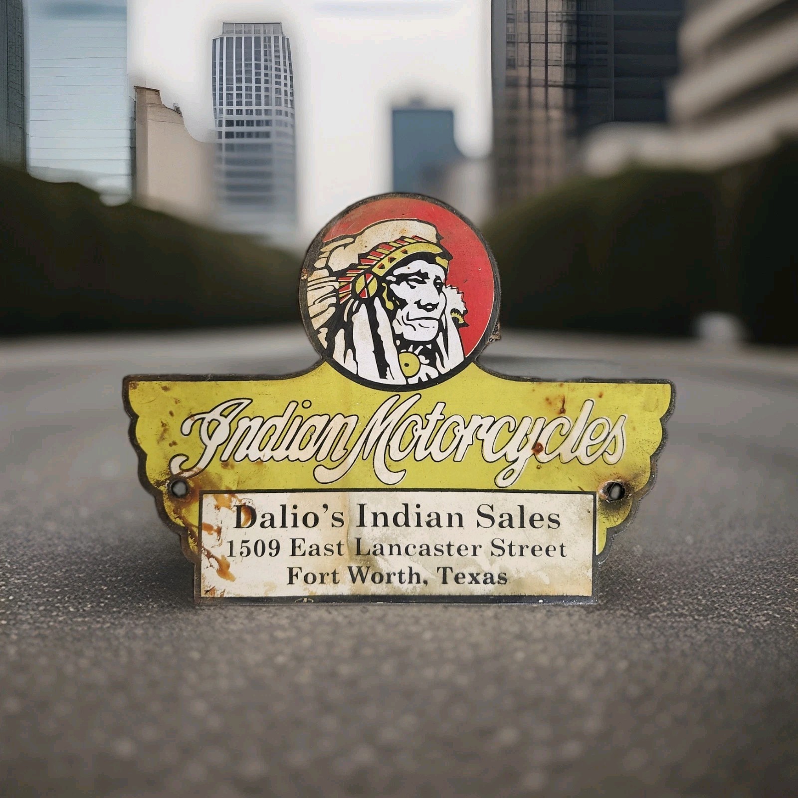 Vintage Indian Motorcycles Porcelain Sign Dalio's Sales Service Fort Worth Texas