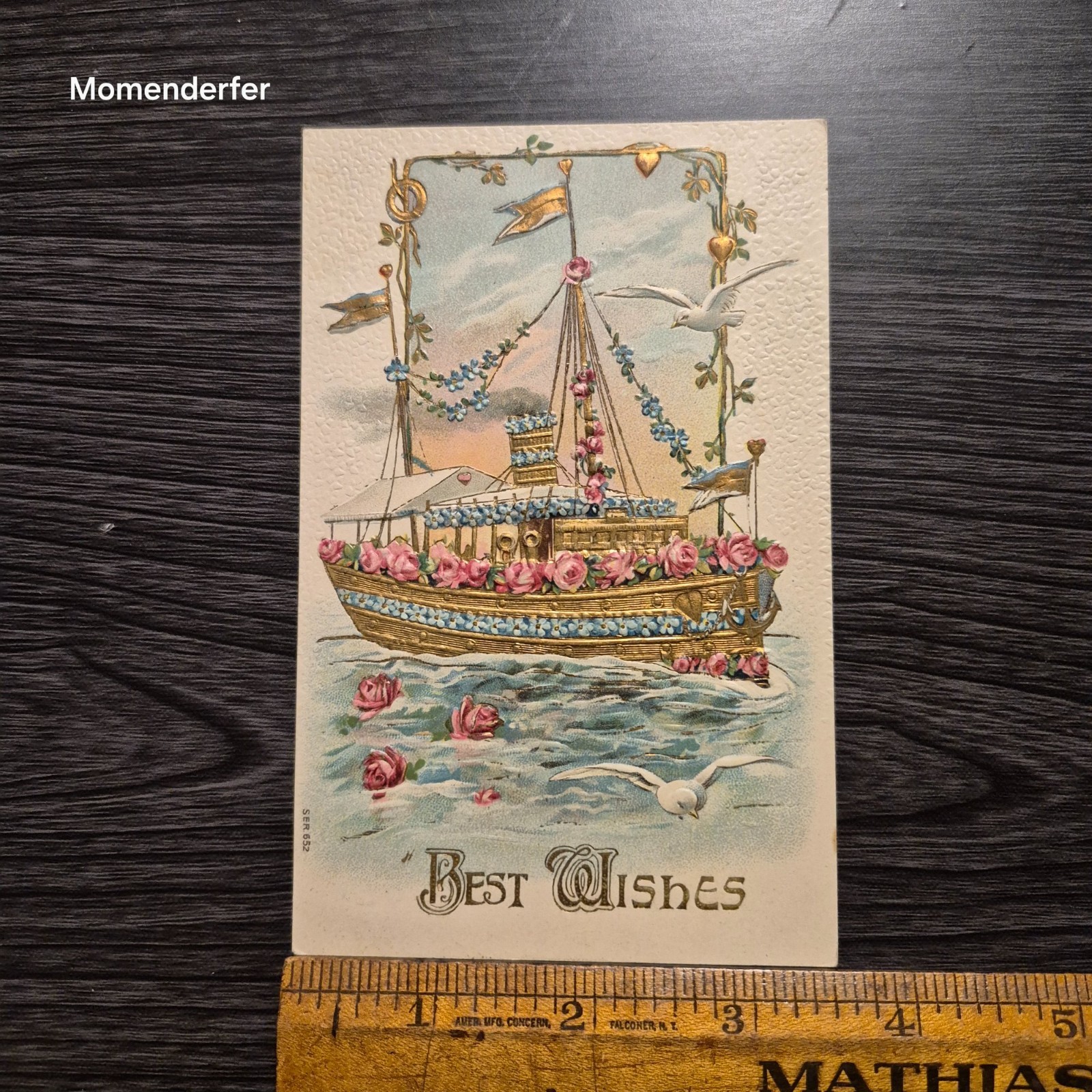 Antique Best Wishes Embossed Postcard Gilt Steamship Roses Doves 1907 Dolgeville Antique Best Wishes Embossed Postcard Gilt Steamship Roses Doves 1907 Dolgeville