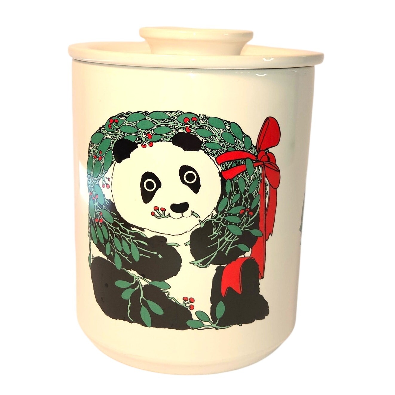 Vintage 1984 Taylor & Ng Christmas Panda Ceramic Cookie Jar Holiday Wreath Vintage 1984 Taylor & Ng Christmas Panda Ceramic Cookie Jar Holiday Wreath