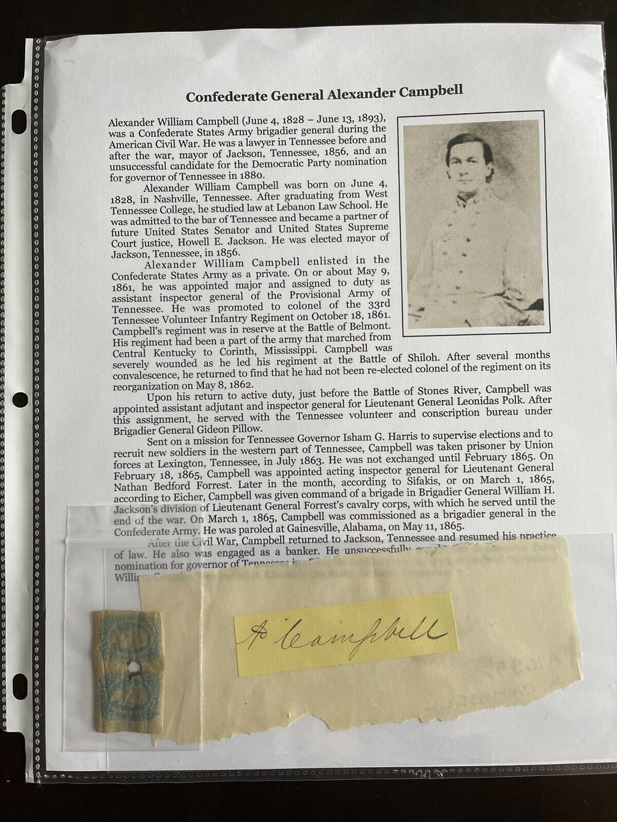 Civil War Confederate General Alexander Campbell Autograph Signature & CSA Stamp