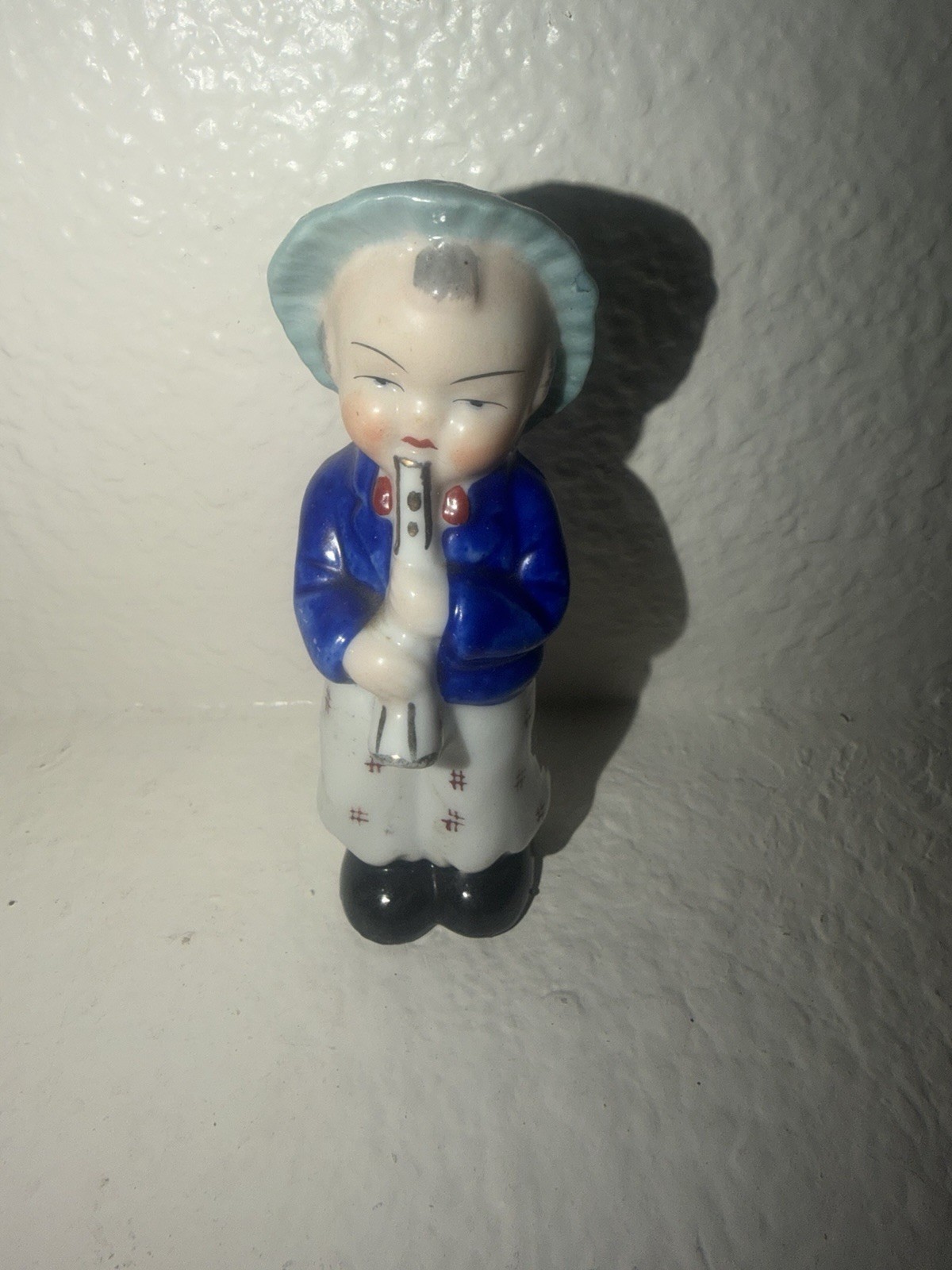 Vintage Occupied Japan Ceramic Boy Figurine Musician Playing Flute Pipe 1940s