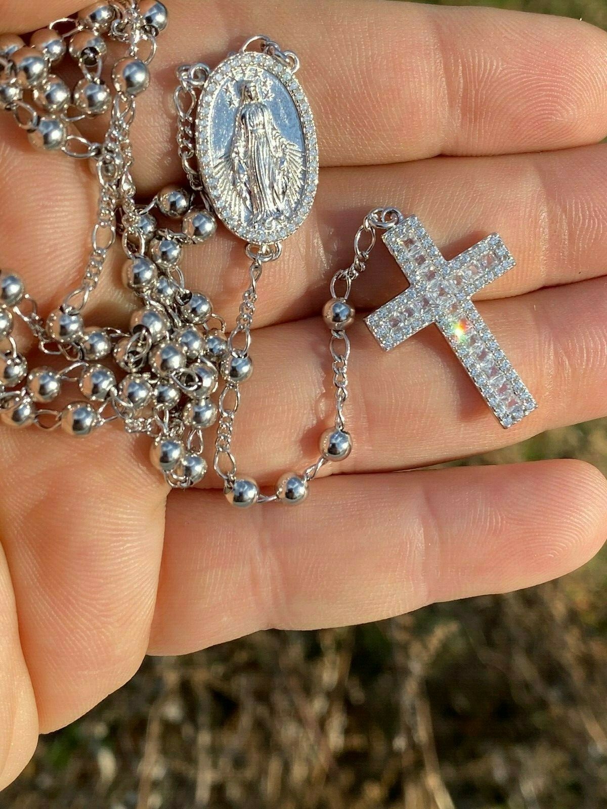 Rosary Beads Necklace Real Solid 925 Sterling Silver Rosario CZ Baguette ITALY Rosary Beads Necklace Real Solid 925 Sterling Silver Rosario CZ Baguette ITALY