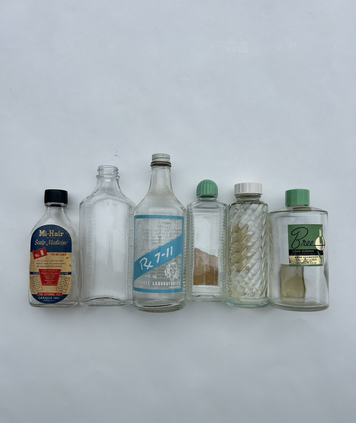 Lot of 6 Vintage Antique Glass Bottles 5" to 6.5" Medicine Vanity 5 w/ Tops