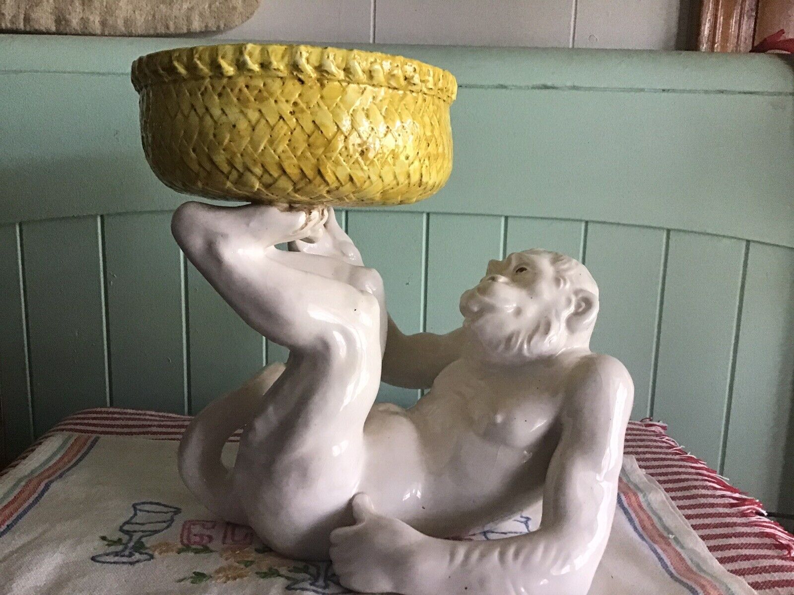 Rare Vintage Italian Ceramic Planter Monkey W/ Basket MCM White Yellow