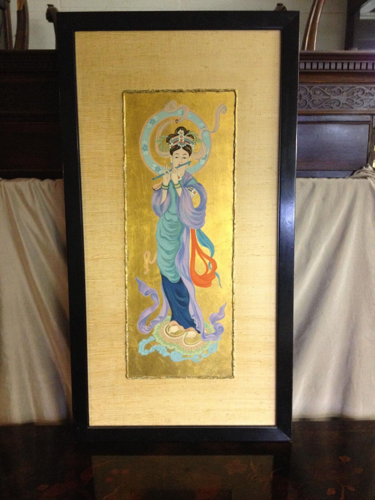 Vintage Asian Laos / Lao Painting Buddhist Goddess of Wisdom & Music