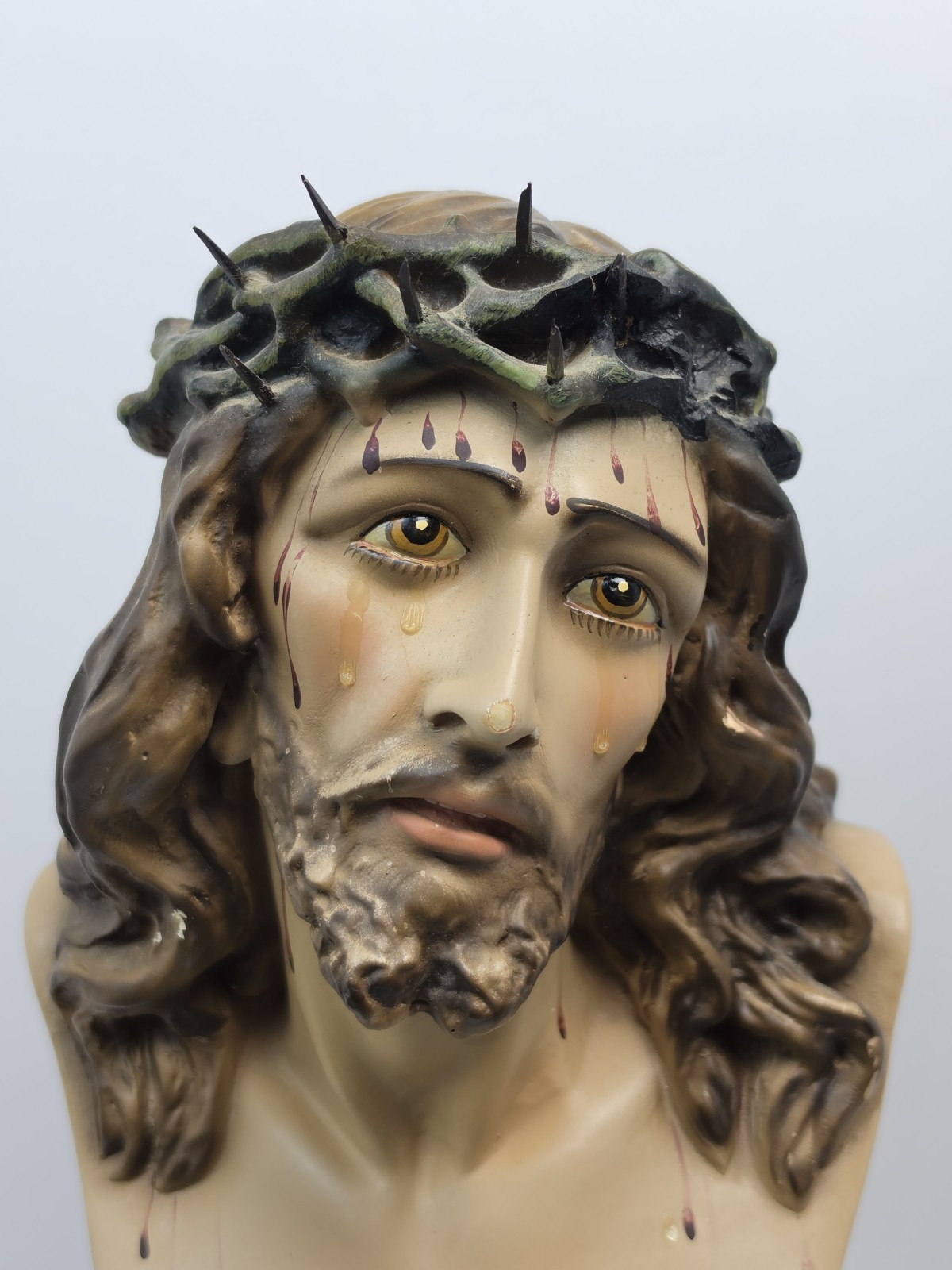 Vintage Santo Cristo de Limpias 16" Bust Polychrome Plaster Metal Thorns Art