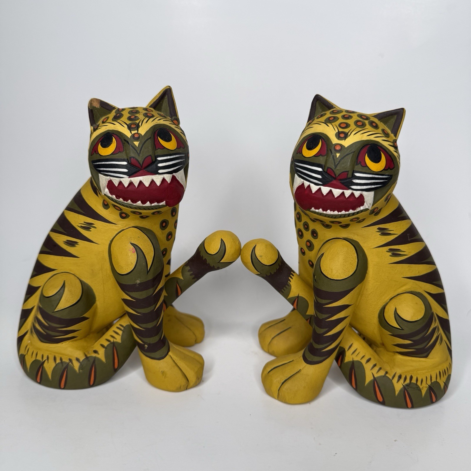 Vintage Korean Folk Art Carved Wood Guardian Tigers Pair Minhwa Painted Signed Vintage Korean Folk Art Carved Wood Guardian Tigers Pair Minhwa Painted Signed