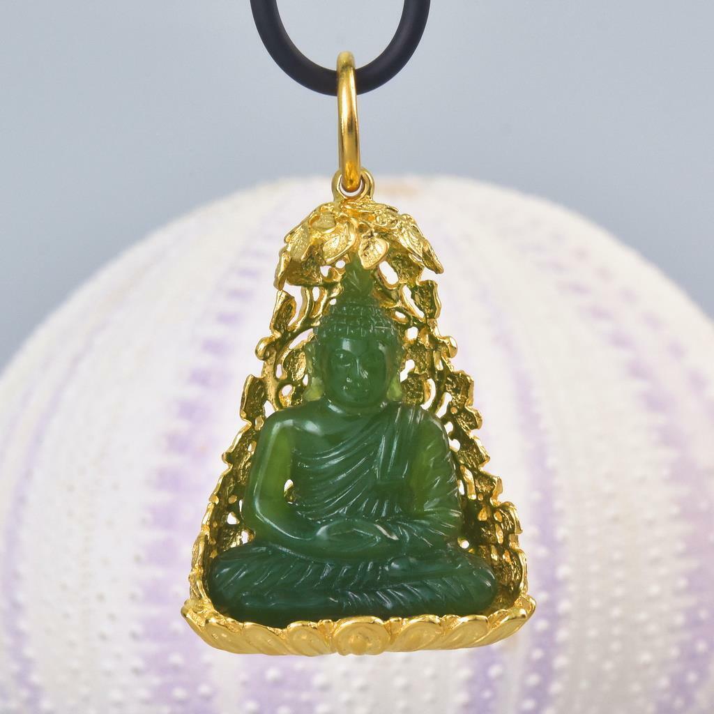 Buddha Image Gold Vermeil Sterling Bodhi Tree Green Chalcedony Pendant 12.63 g