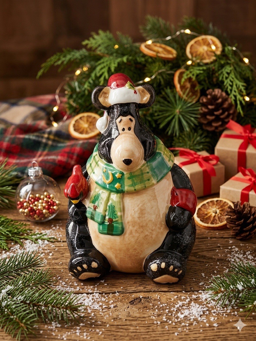 Vintage WCL Christmas Black Bear Ceramic Cookie Jar with Cardinal Holiday Vintage WCL Christmas Black Bear Ceramic Cookie Jar with Cardinal Holiday