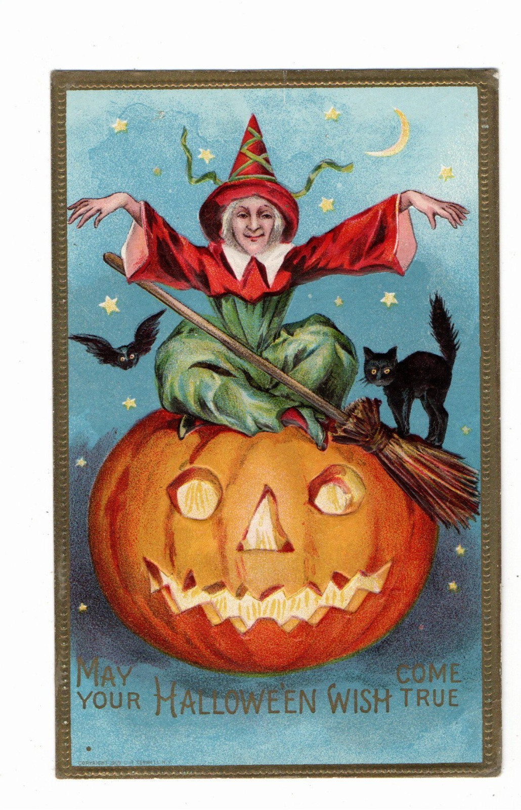 Antique Halloween pc,Red & Green Robed witch in JOL, Black Cat, Broom, 1910,909 Antique Halloween pc,Red & Green Robed witch in JOL, Black Cat, Broom, 1910,909