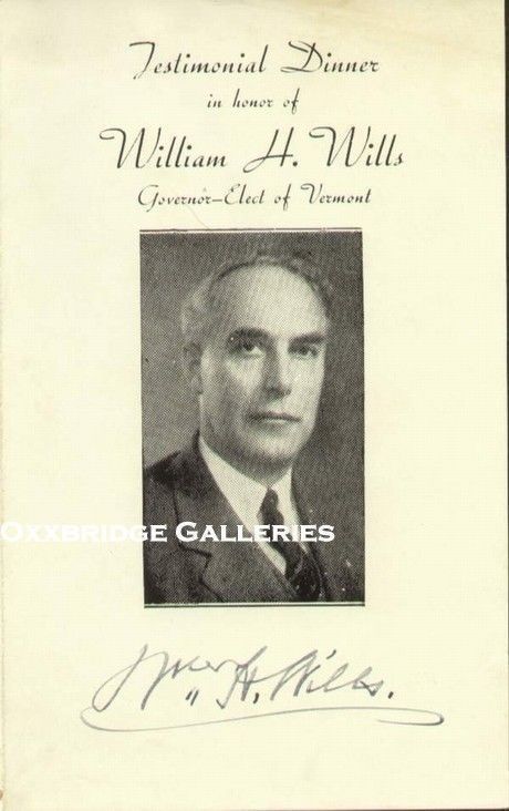 VERMONT Gov Governor William Henry Wills SIGNED 1941 VT Original Dinner Program VERMONT Gov Governor William Henry Wills SIGNED 1941 VT Original Dinner Program