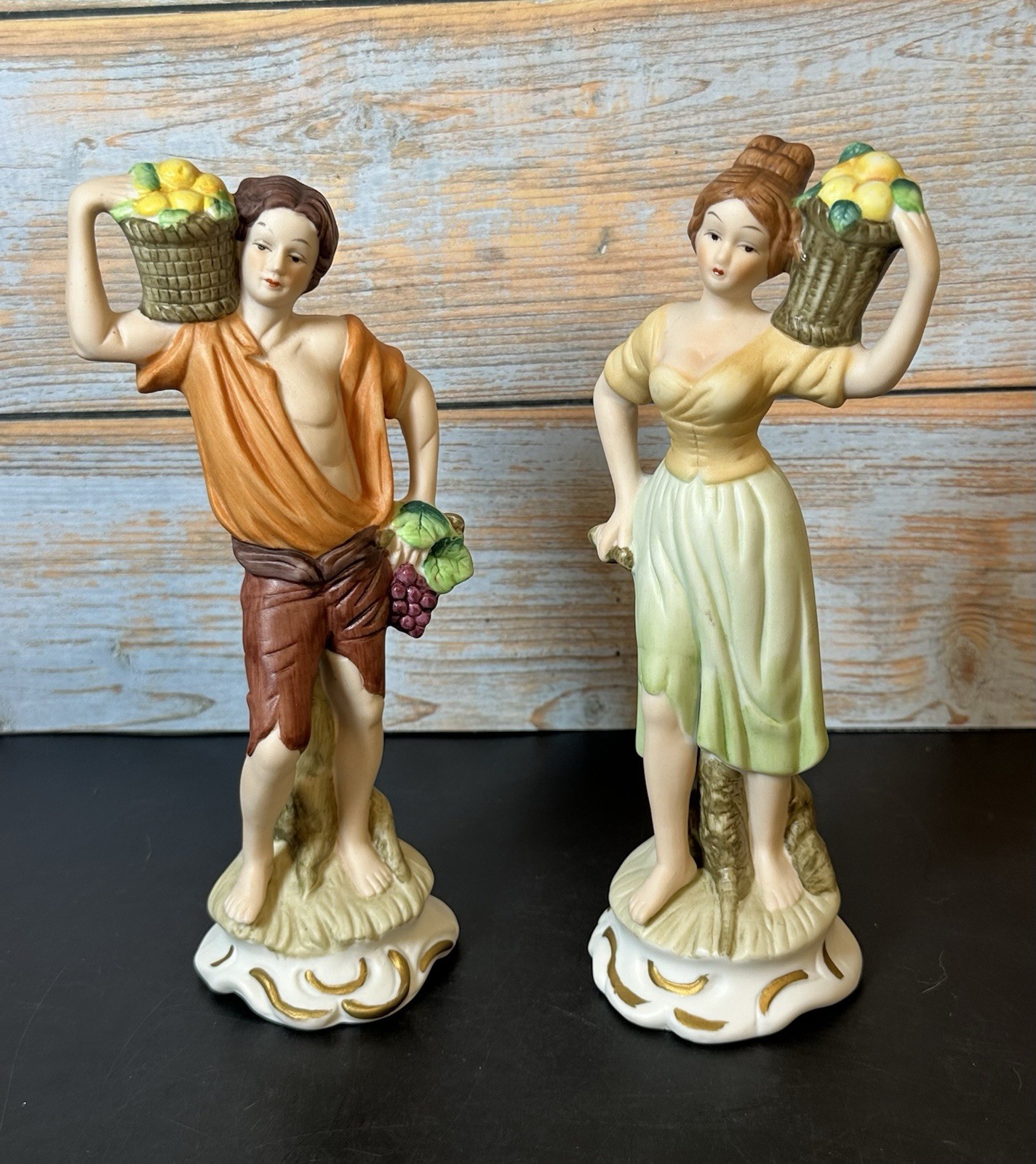 Vintage FBIA Young Couple Fruit Basket Porcelain Figurines Pair 8” Hand Painted Vintage FBIA Young Couple Fruit Basket Porcelain Figurines Pair 8” Hand Painted