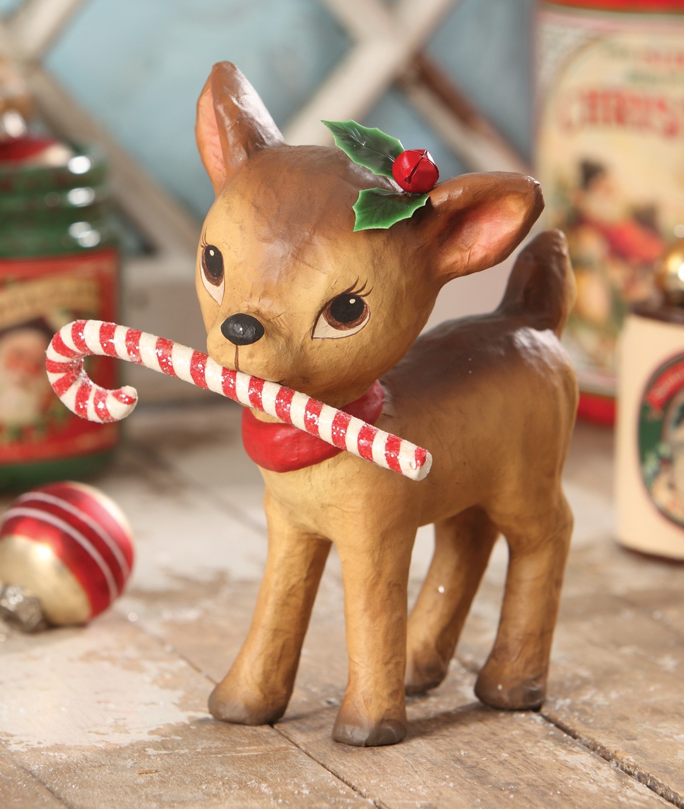 Bethany Lowe Paper Mache Reindeer Candy Cane Christmas Retro Vntg Decor Figurine
