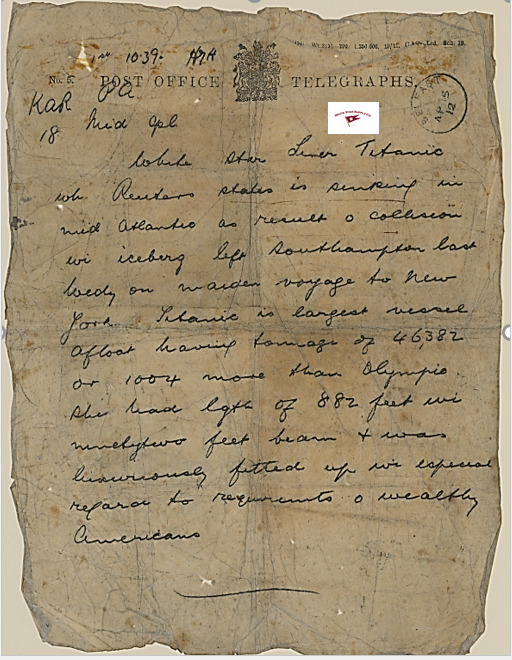 RMS TITANIC RARE BELFAST TELEGRAM REPLICA APRIL15, 1912