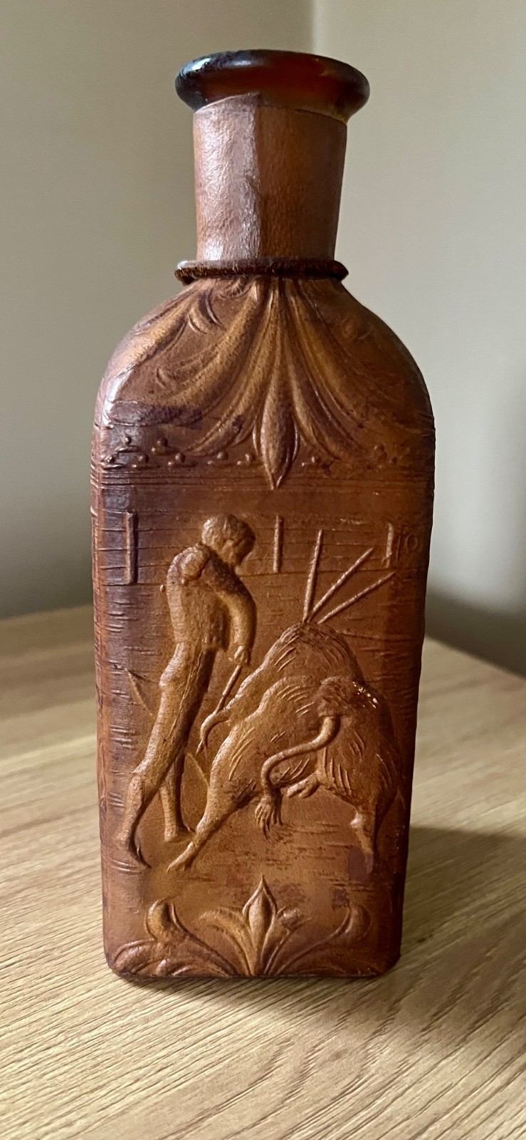 Vintage Spanish Tooled Leather Decanter Bullfighter Bull Made in Spain