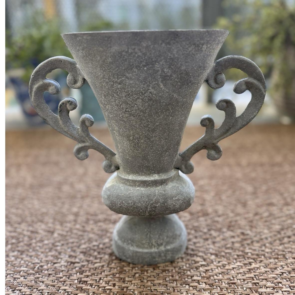Anthropologie Gray Classic Vase Ornate Scroll Handles Distressed Finish Anthropologie Gray Classic Vase Ornate Scroll Handles Distressed Finish