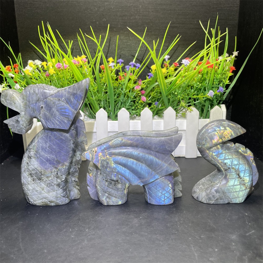 2.2LB 9.4" Natural A set Flash Labradorite Dragon Carving Crystal Quartz Decor