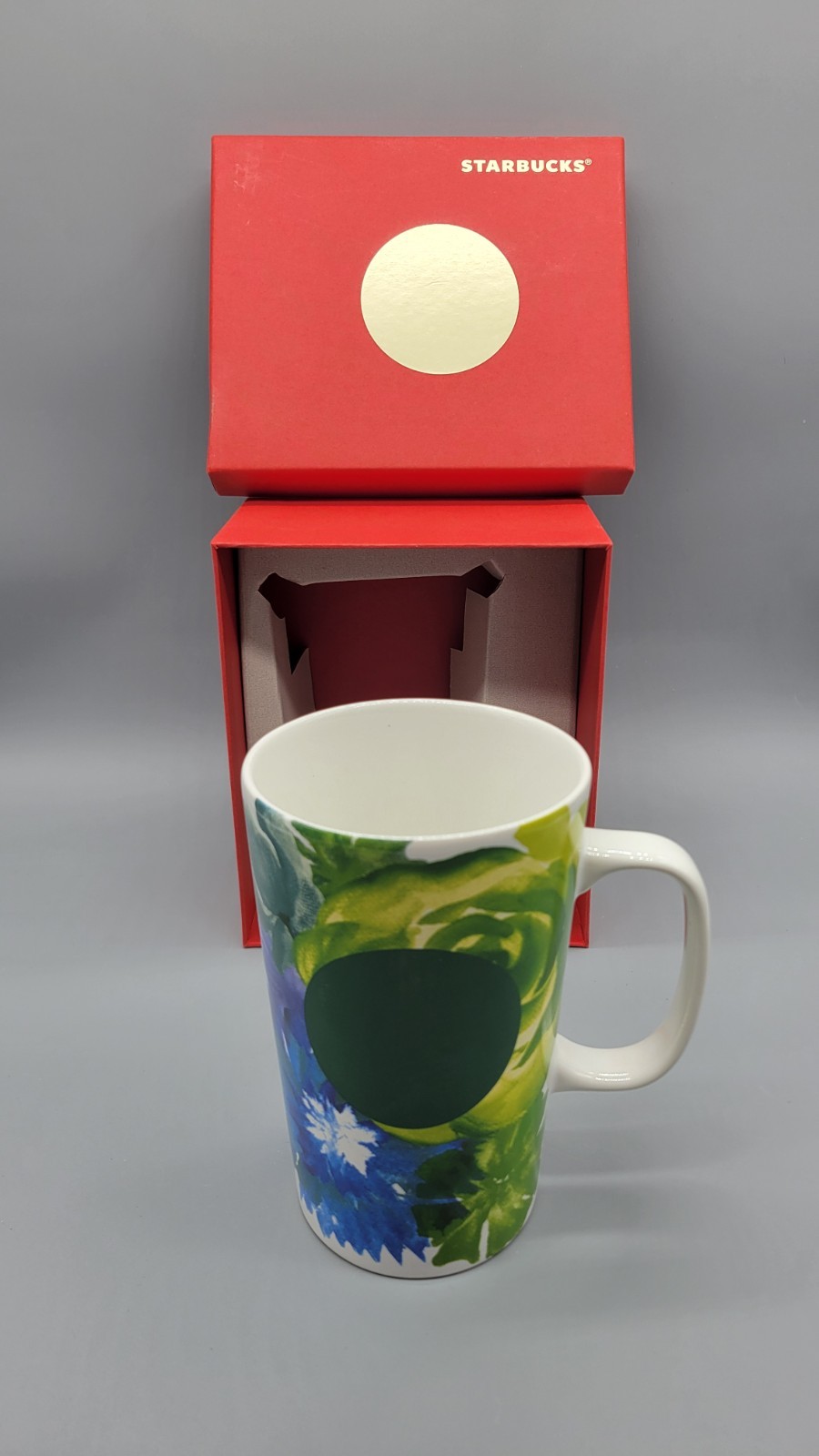 NEW-STARBUCKS 2014 BLUE GREEN FLORAL COFFEE MUG 16OZ TALL CUP WATERCOLOR DESIGN 