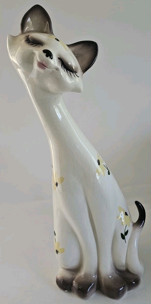 Vintage Mcm 1960 18" Ceramic Cat Statue Flowers Shy Siamese Vintage Mcm 1960 18" Ceramic Cat Statue Flowers Shy Siamese