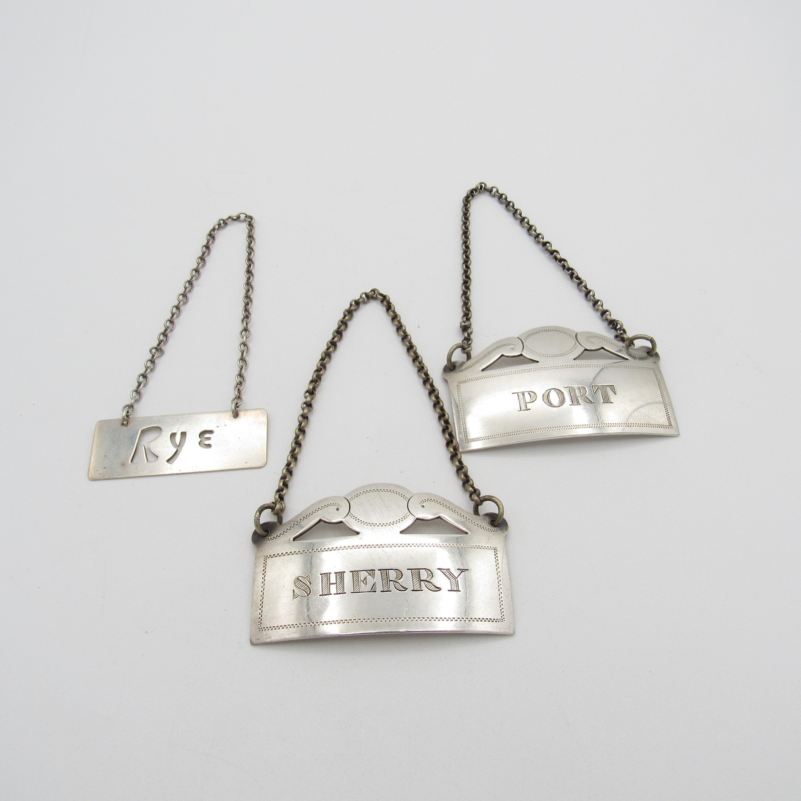 Vintage Three Luggage Tags, Sherry, Port, Rye-Sterling