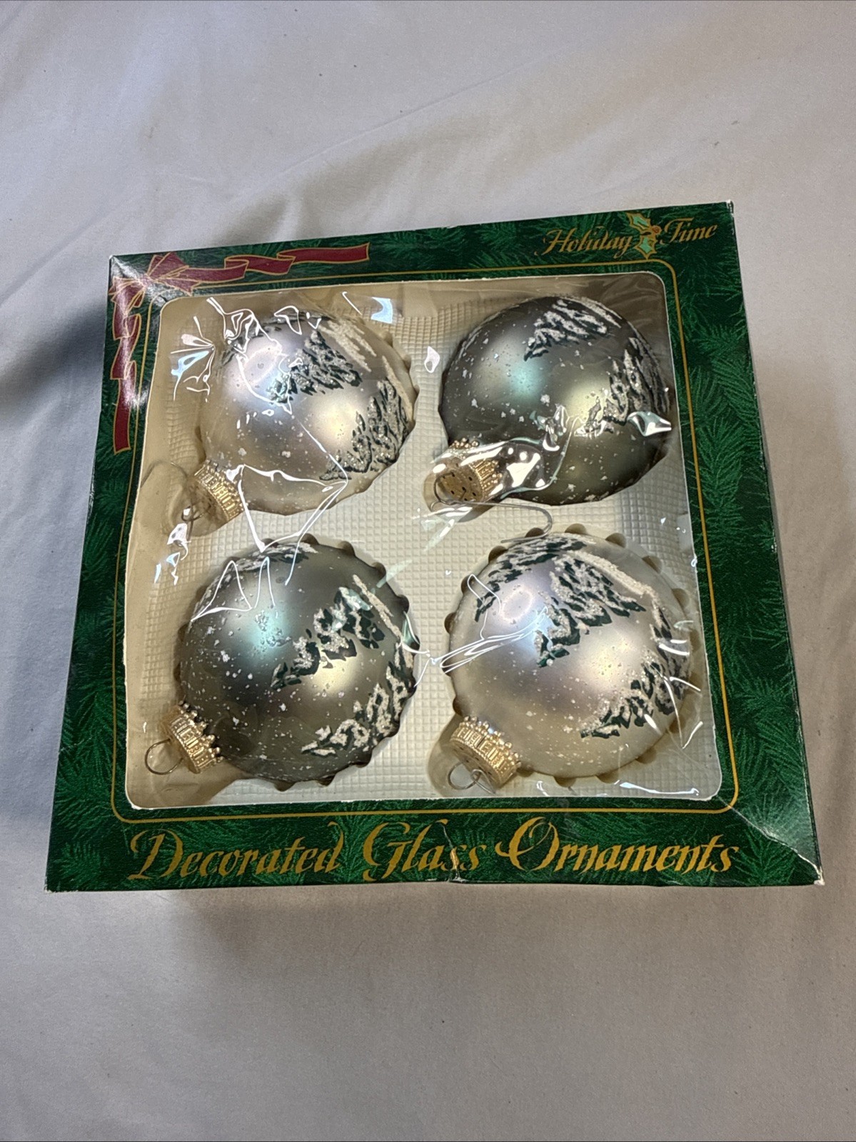 Vintage Holiday Time 4 Glass Christmas Ornaments Silver Frosted With Snow/Trees Vintage Holiday Time 4 Glass Christmas Ornaments Silver Frosted With Snow/Trees