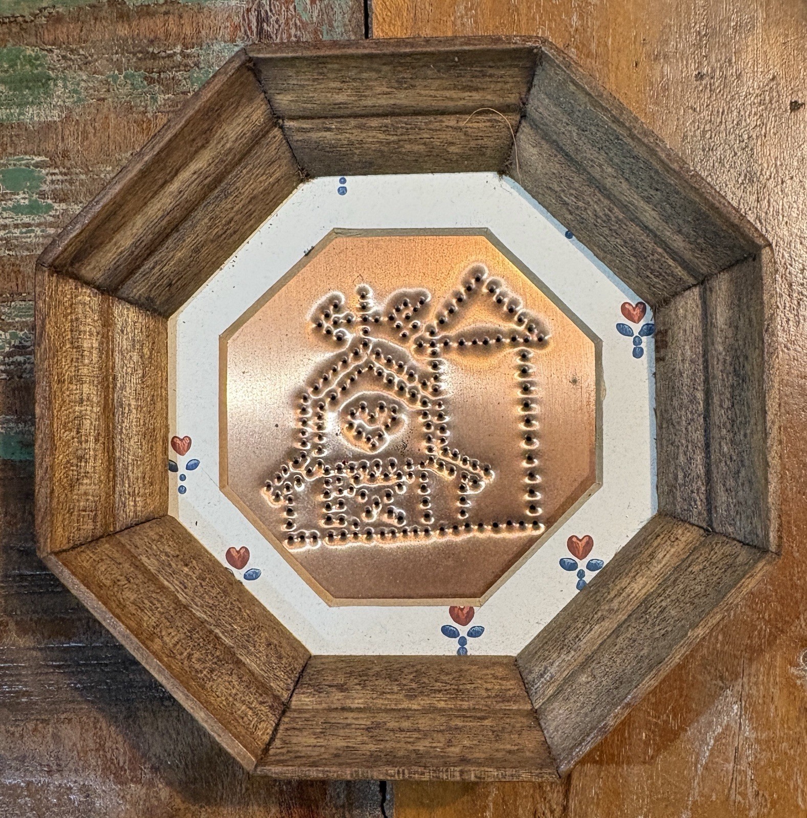 Vintage Punched Copper Art Framed Wall Hanging Farmhouse w/ Heart Wood Frame Vintage Punched Copper Art Framed Wall Hanging Farmhouse w/ Heart Wood Frame