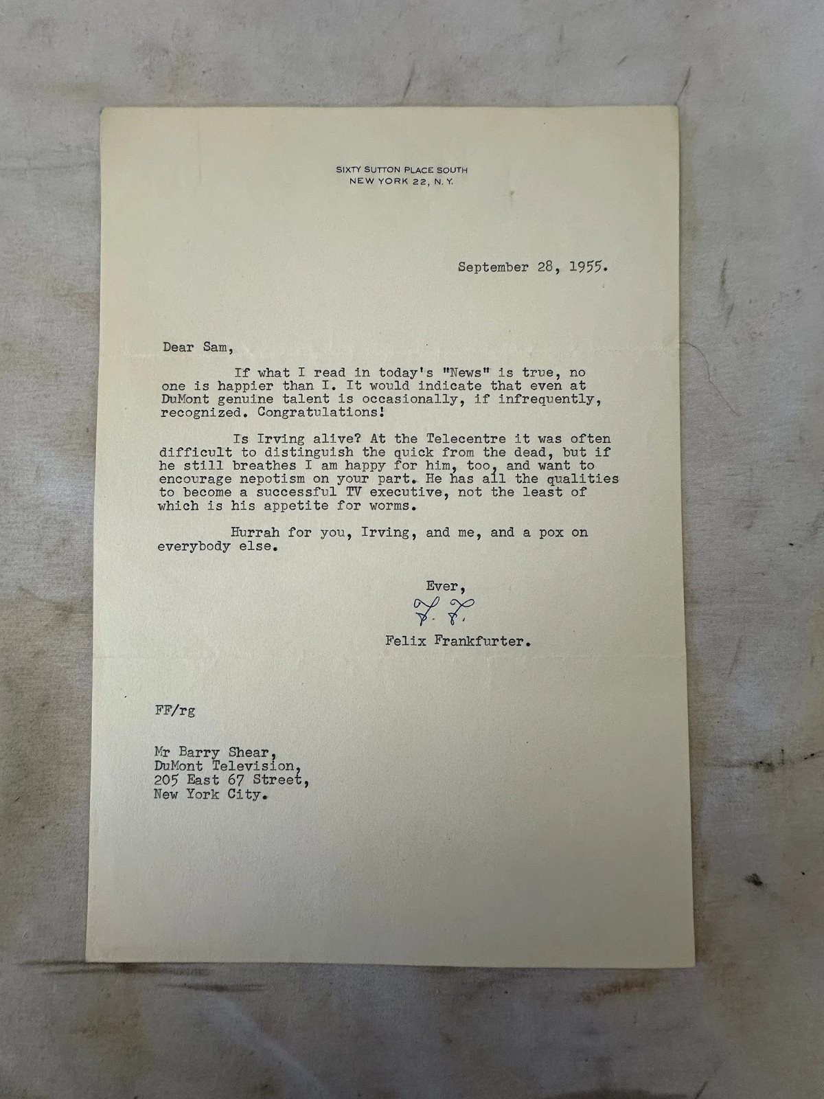 Justice Felix Frankfurter US Supreme Court 1955 Signed Letter