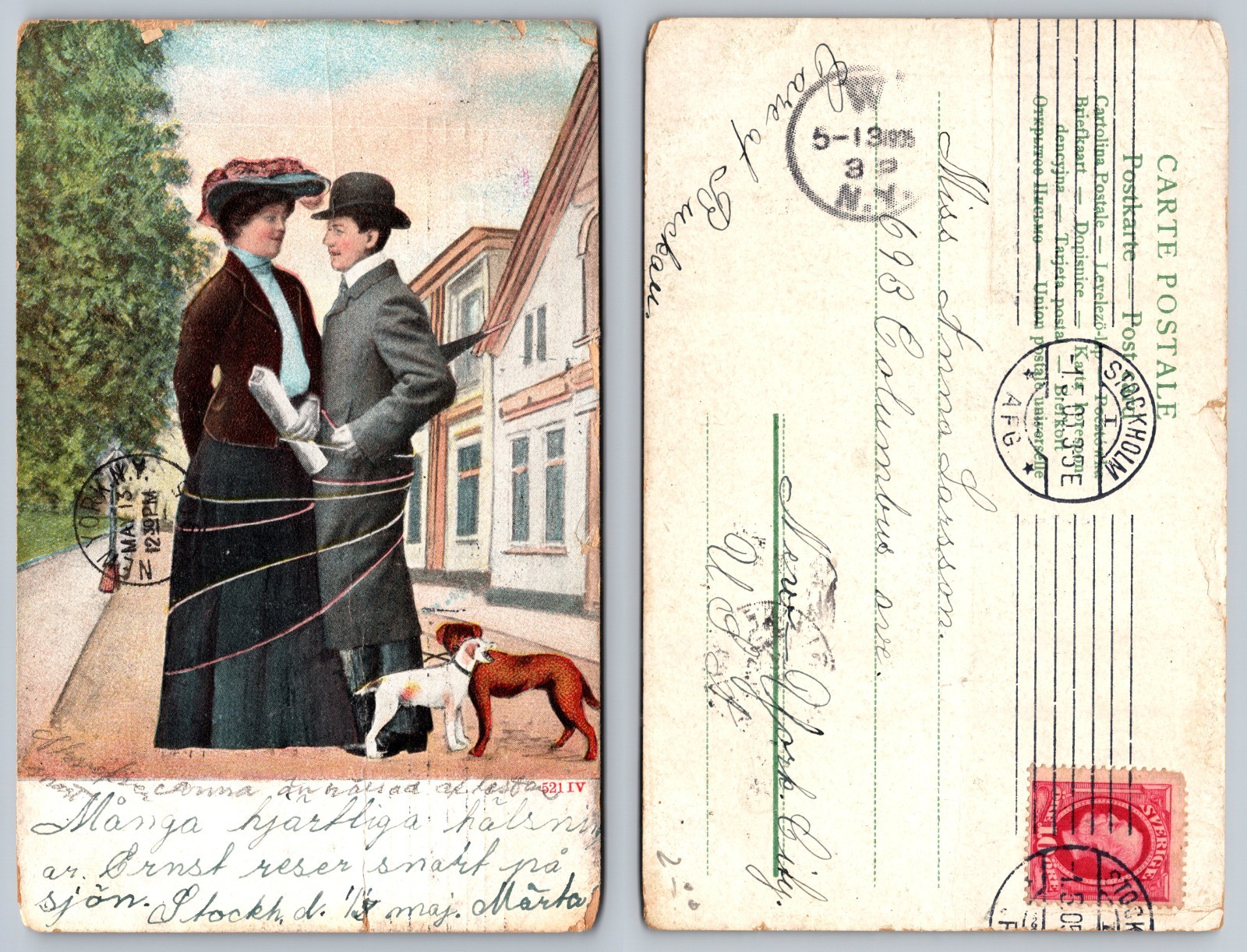 Elegant Couple Walking Dogs Postcard Elegant Couple Walking Dogs Postcard