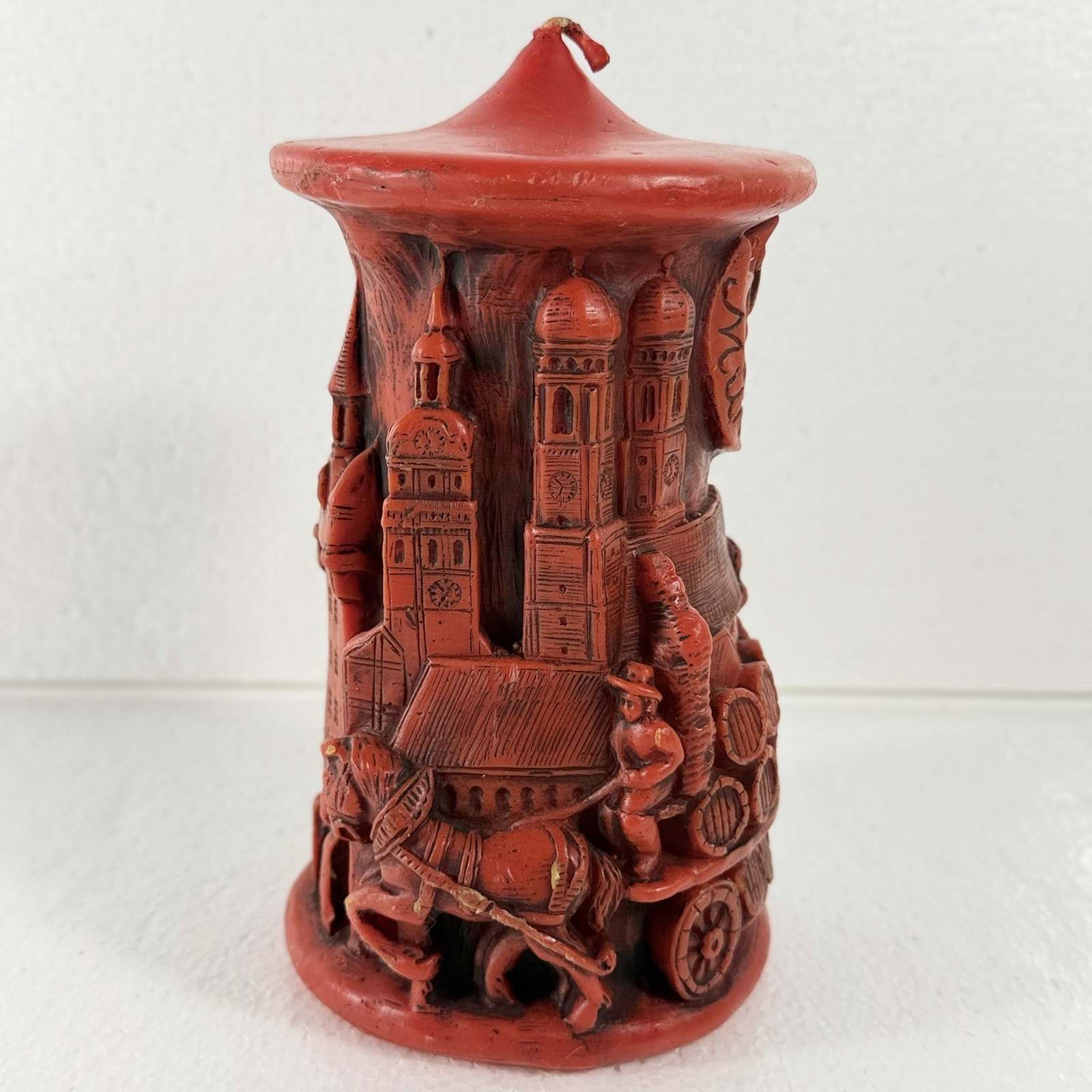 Vintage Munich Germany Relief Carved Pillar Candle Red Architectural NEW Unlit Vintage Munich Germany Relief Carved Pillar Candle Red Architectural NEW Unlit