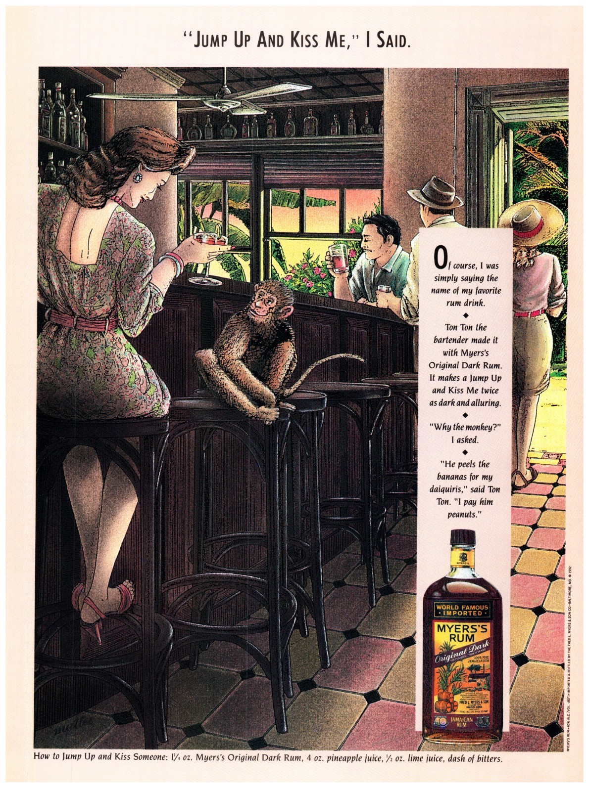 PRINT AD, 1992 Myers's Rum Jump Up And Kiss Me Drink Recipe Monkey Jamaica Bar PRINT AD, 1992 Myers's Rum Jump Up And Kiss Me Drink Recipe Monkey Jamaica Bar