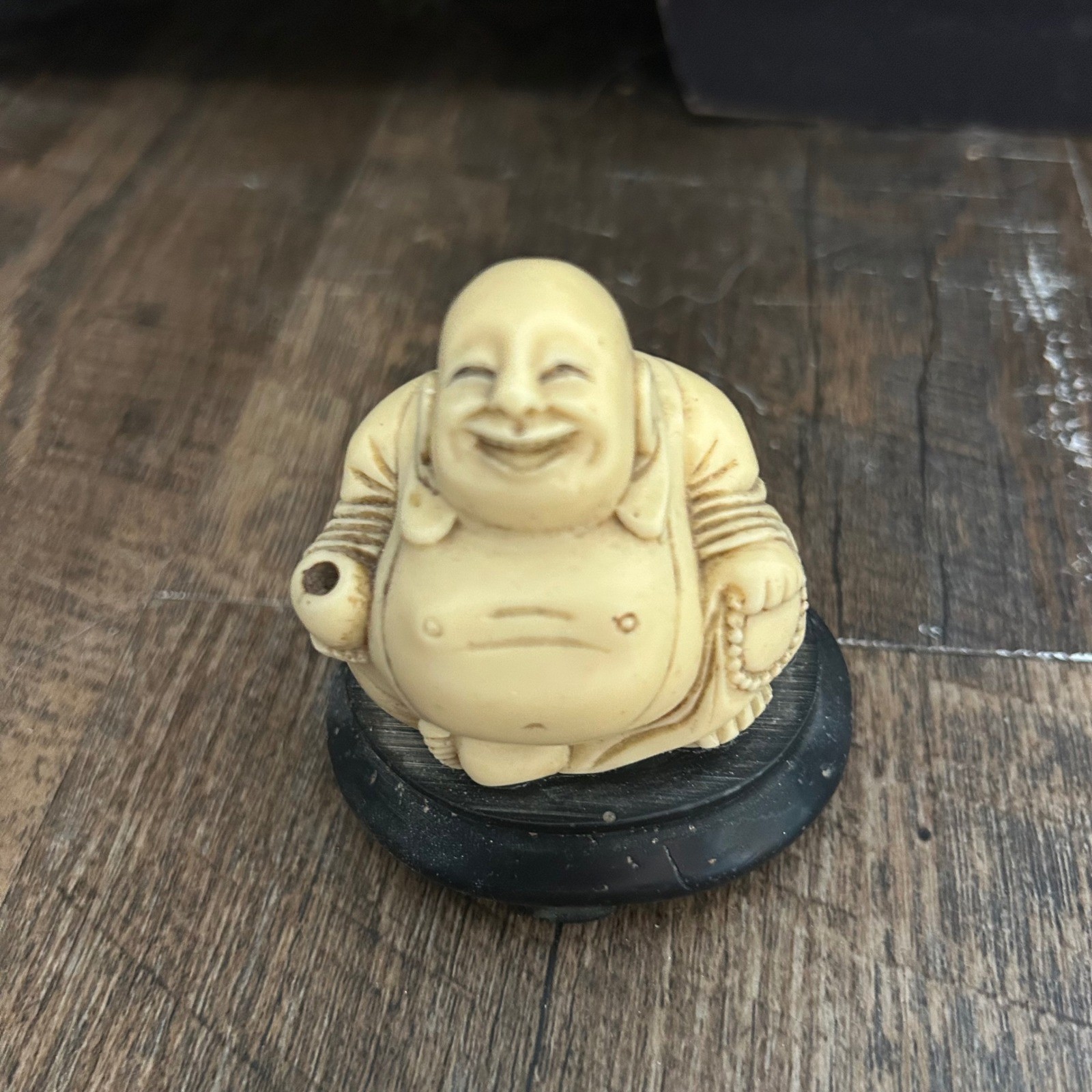 Vintage Netsuke Laughing Buddha Hotei Figurine with Black Base Character Mark Vintage Netsuke Laughing Buddha Hotei Figurine with Black Base Character Mark