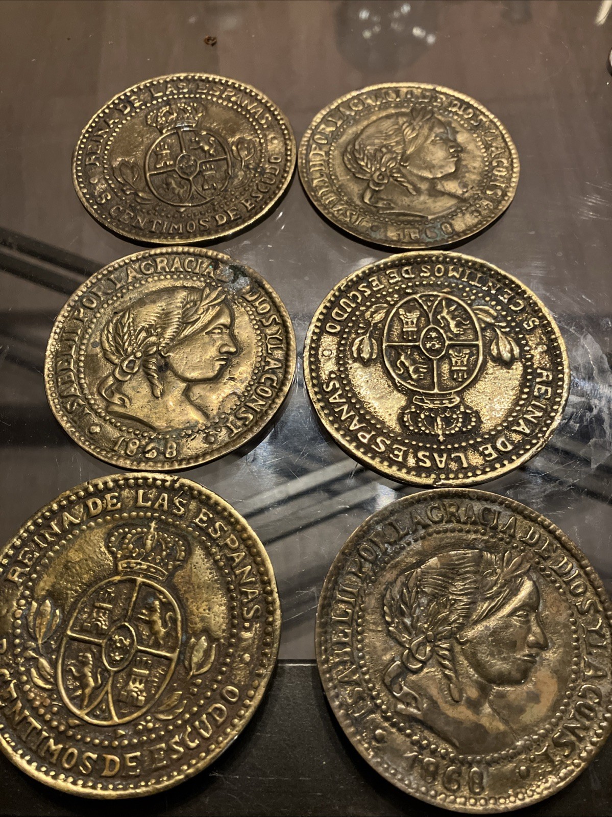 Lot of 4  Antique Coasters  Jumbo Large Spanish Coins 3" Diameter Paperweights