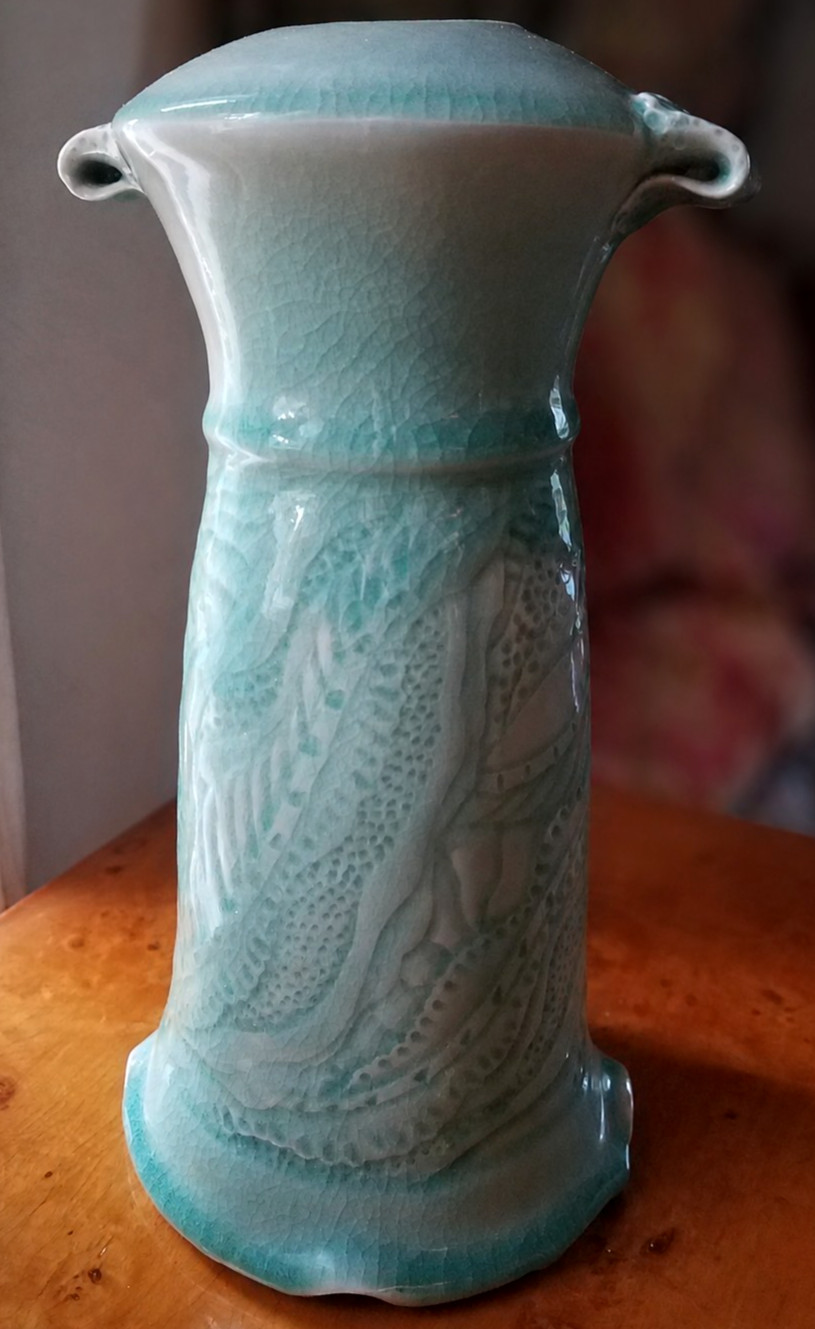Signed Art Nouveau Botanical Carved Celadon & Oxblood Gu Studio Pottery Vase 10" Signed Art Nouveau Botanical Carved Celadon & Oxblood Gu Studio Pottery Vase 10"