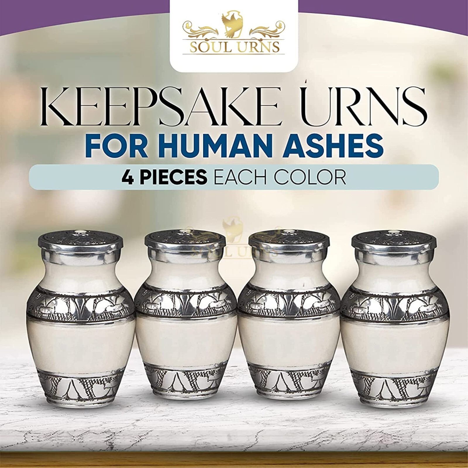 White With Silver Bands Small Keepsake Urns for Human Ashes - Set of 4 White With Silver Bands Small Keepsake Urns for Human Ashes - Set of 4