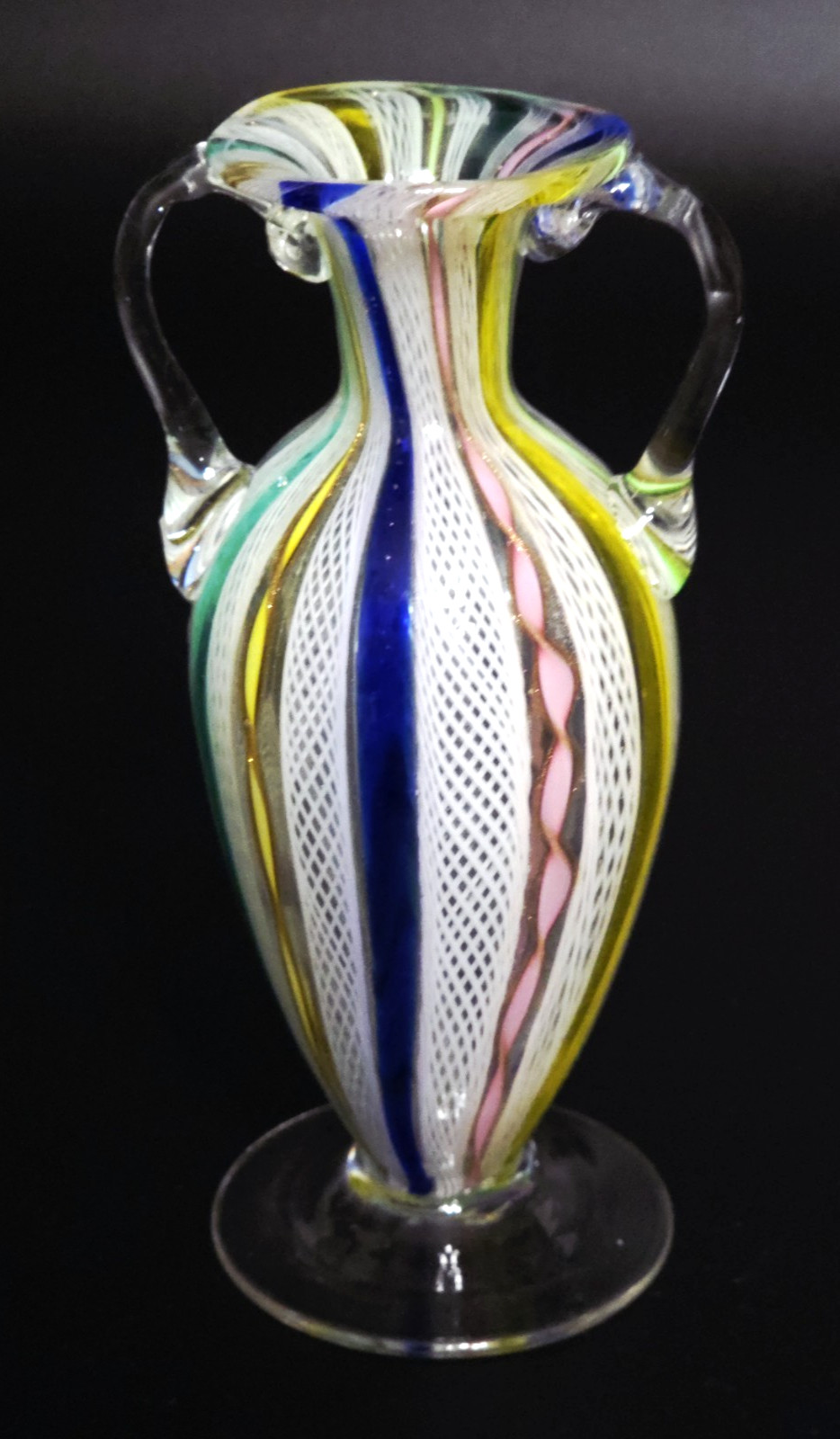 Vintage Murano Latticino Zanfirico Glass Vase Twin Handled Rainbow Ribbon 5" EUC Vintage Murano Latticino Zanfirico Glass Vase Twin Handled Rainbow Ribbon 5" EUC