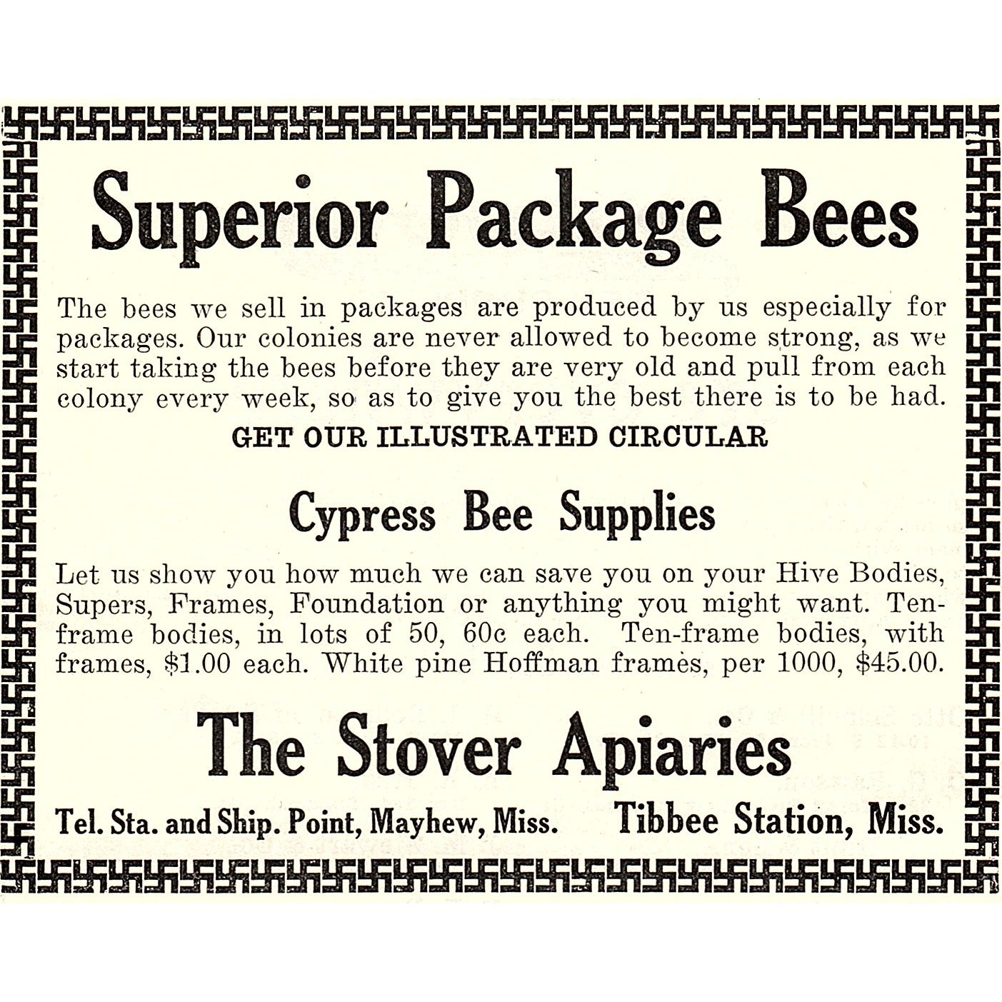 Stover Apiaries Superior Package Bees Mayhew Tibbee Station MS 1926 Ad AG3-H2 Stover Apiaries Superior Package Bees Mayhew Tibbee Station MS 1926 Ad AG3-H2