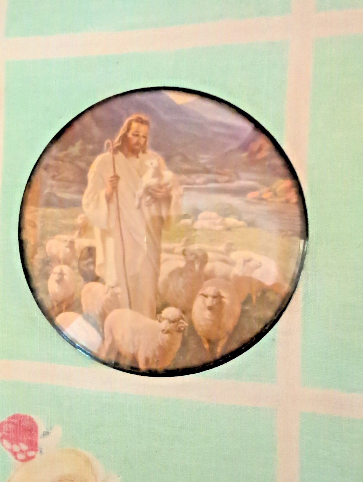 Vintage Jesus The Good Shepherd Wall Hanging Round Dome Convex Glass 4" Mini 