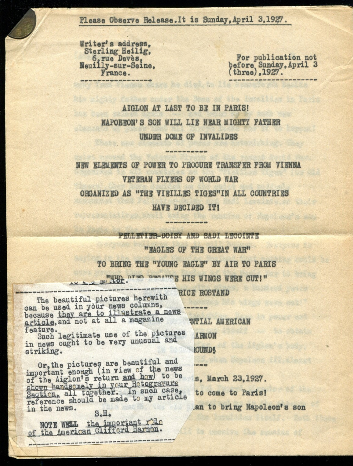 1927 Press Report Explains How Aiglon, Napoleon Deceased Son Returned To Paris 1927 Press Report Explains How Aiglon, Napoleon Deceased Son Returned To Paris