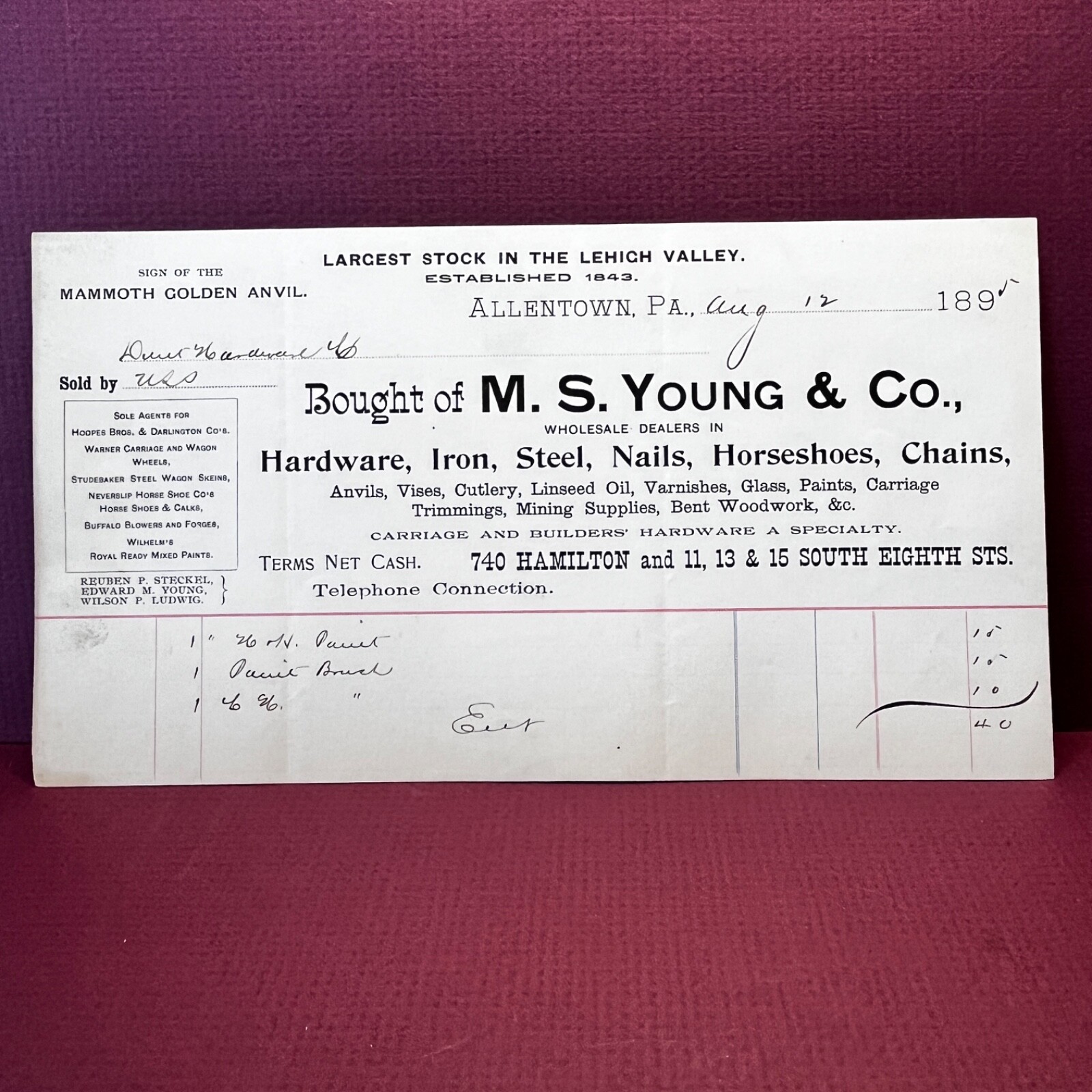 Antique billhead receipt Allentown Penn 12 Aug 1895 hardware MS Young SL2 Antique billhead receipt Allentown Penn 12 Aug 1895 hardware MS Young SL2