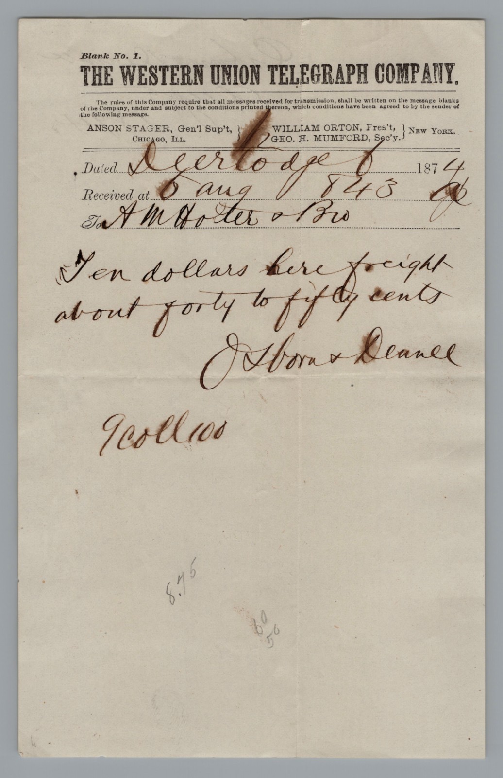 1874 Western Union Telegraph Company Deer Lodge (Montana Territory) 1874 Western Union Telegraph Company Deer Lodge (Montana Territory)