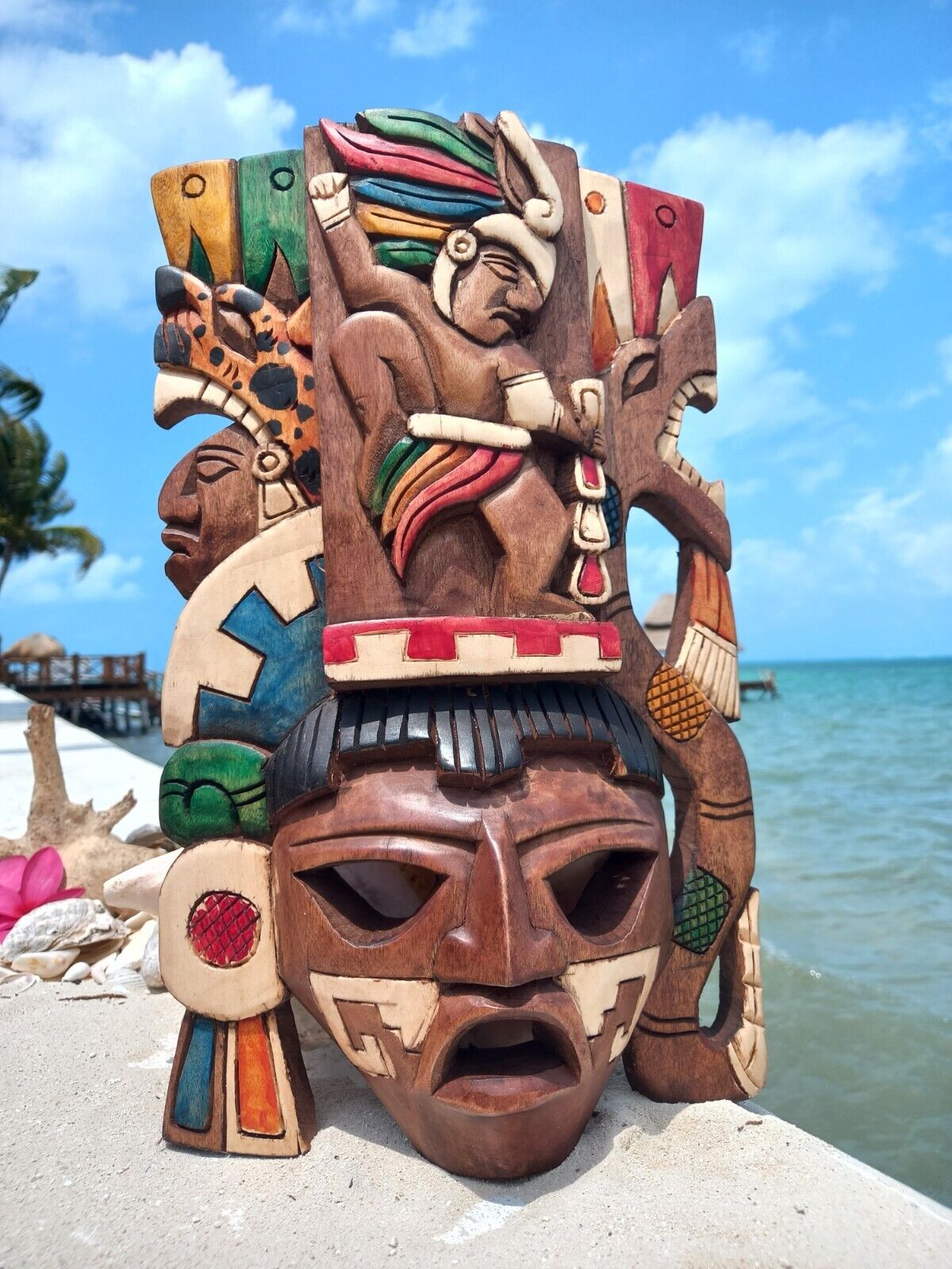 Carved Wood Wall Mask Mayan Inspired Caribbean Art - Artesania Mexicana 16in