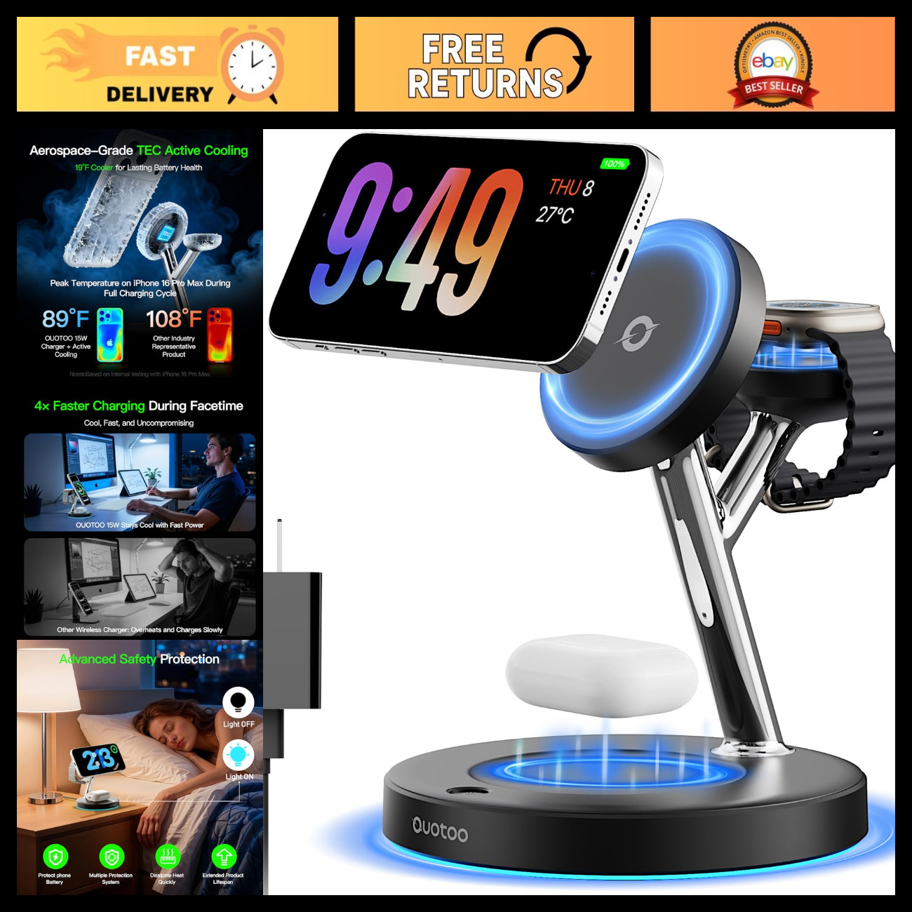 3 in 1 Mag-Safe Wireless Charger Stand for iPhone Apple Watch AirPods