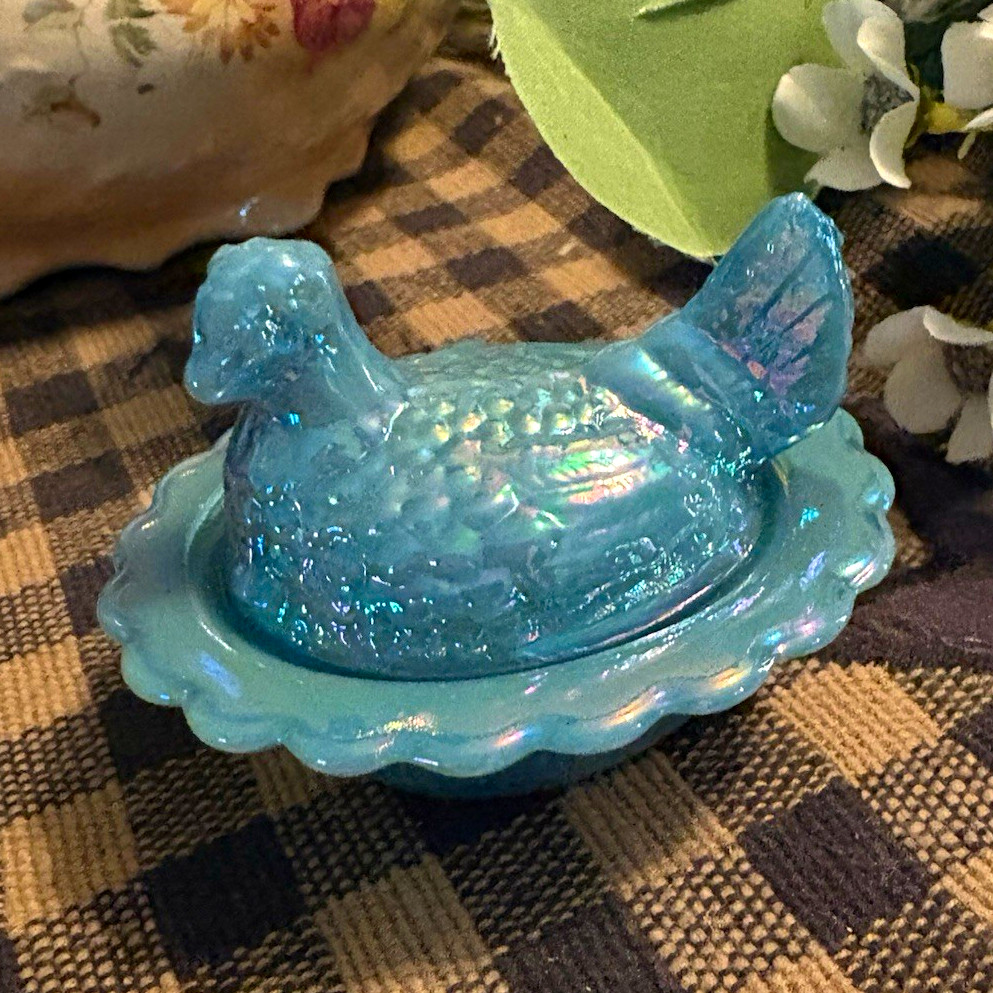New Mosser glass CARNIVAL Georgian blue Mini Hen on Nest salt cellar dish HON