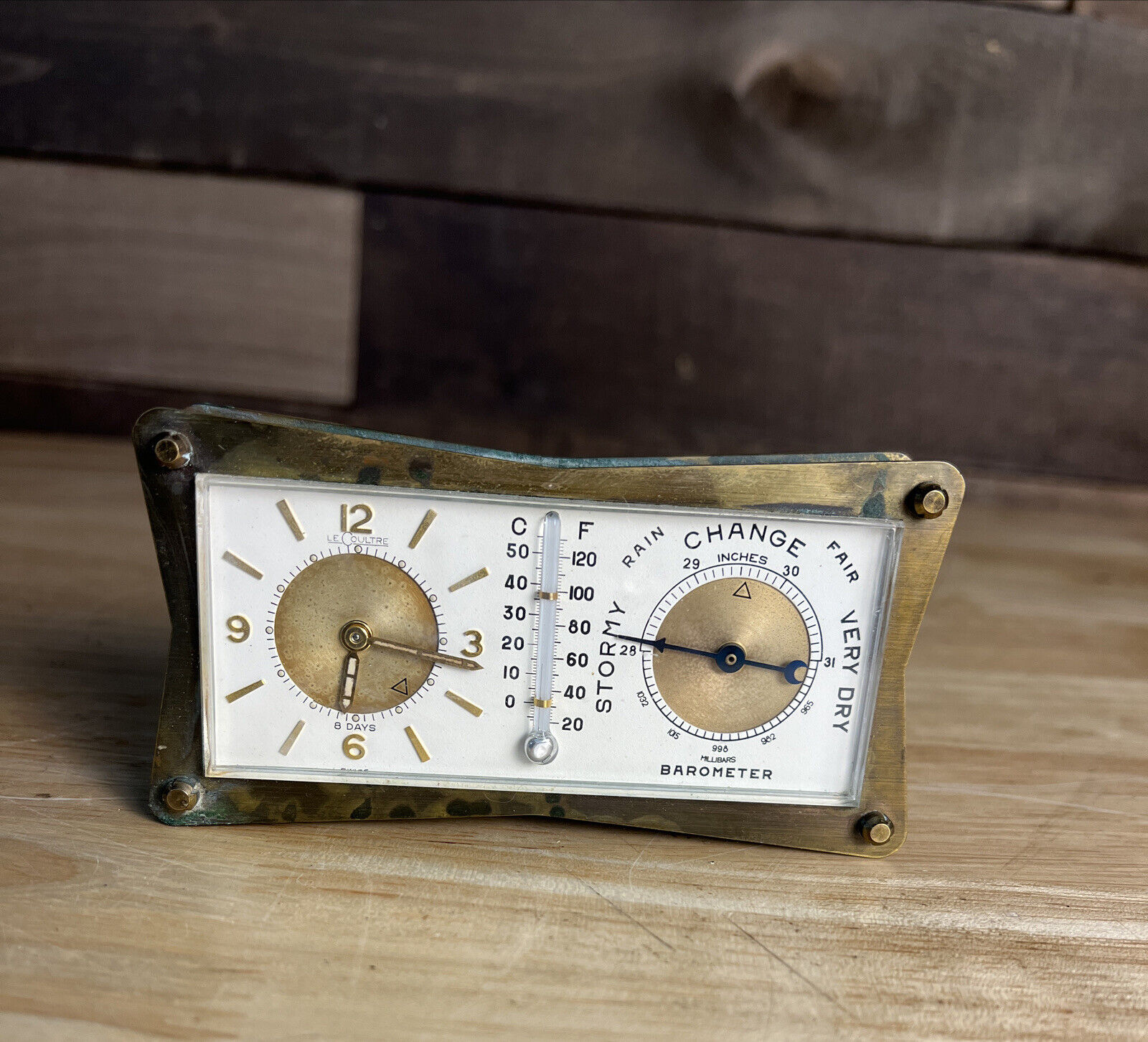 ANTIQUE Le Coultre 1960's Weather & Alarm Clock Thermometer, Barometer Works
