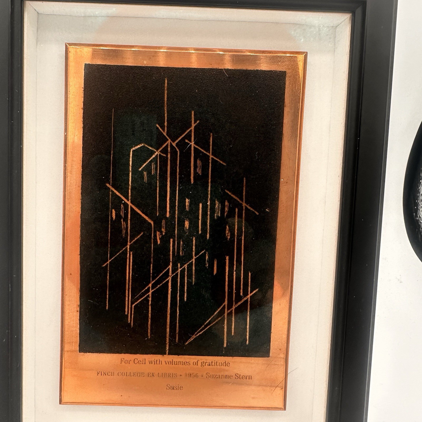 1956 Finch College NYC Ex Libris Suzanne Stern Etched Copper Plaque Bookplate ??